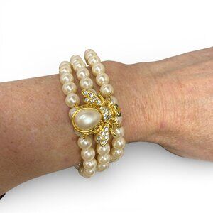 Vintage Bee Pearl Stretch Bracelet Joan Rivers Style Gold Rhinestone Statement